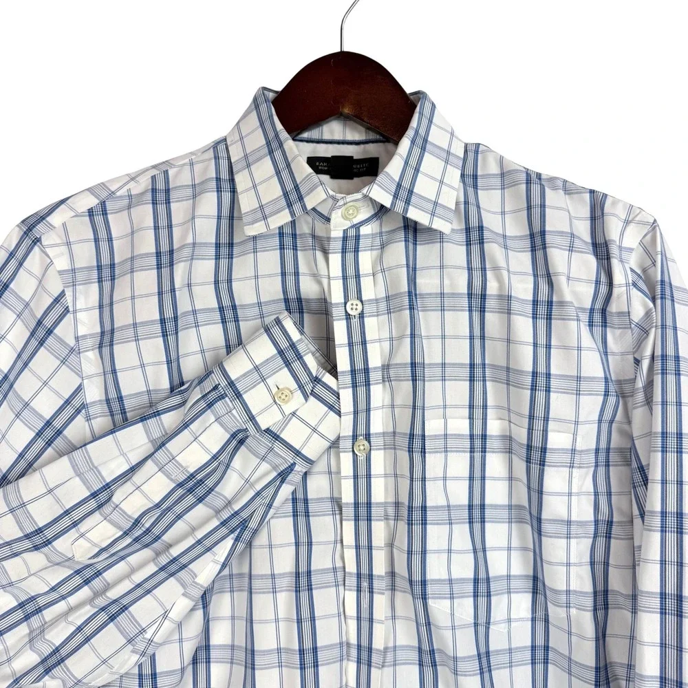 Banana Republic Mens L 16-16.5 Blue Plaid Non-Iron Classic Fit Preppy Office